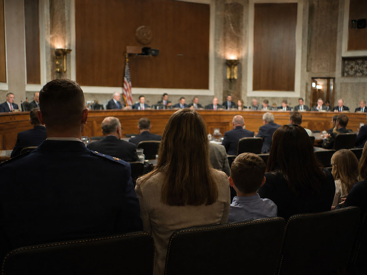Military families seated in a Congressional hearing chamber, viewed from behind.